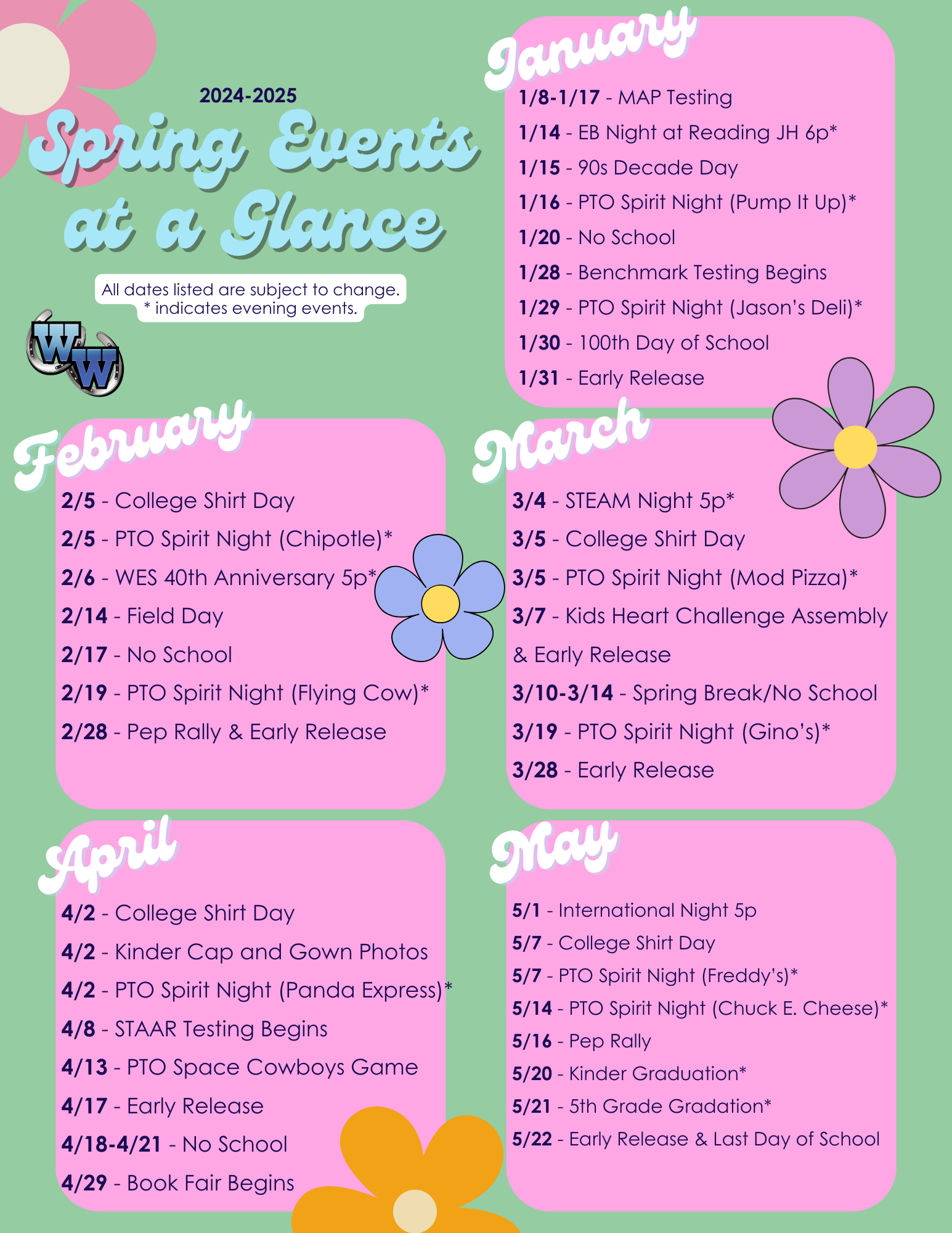 Williams ES Spring Events At a Glance